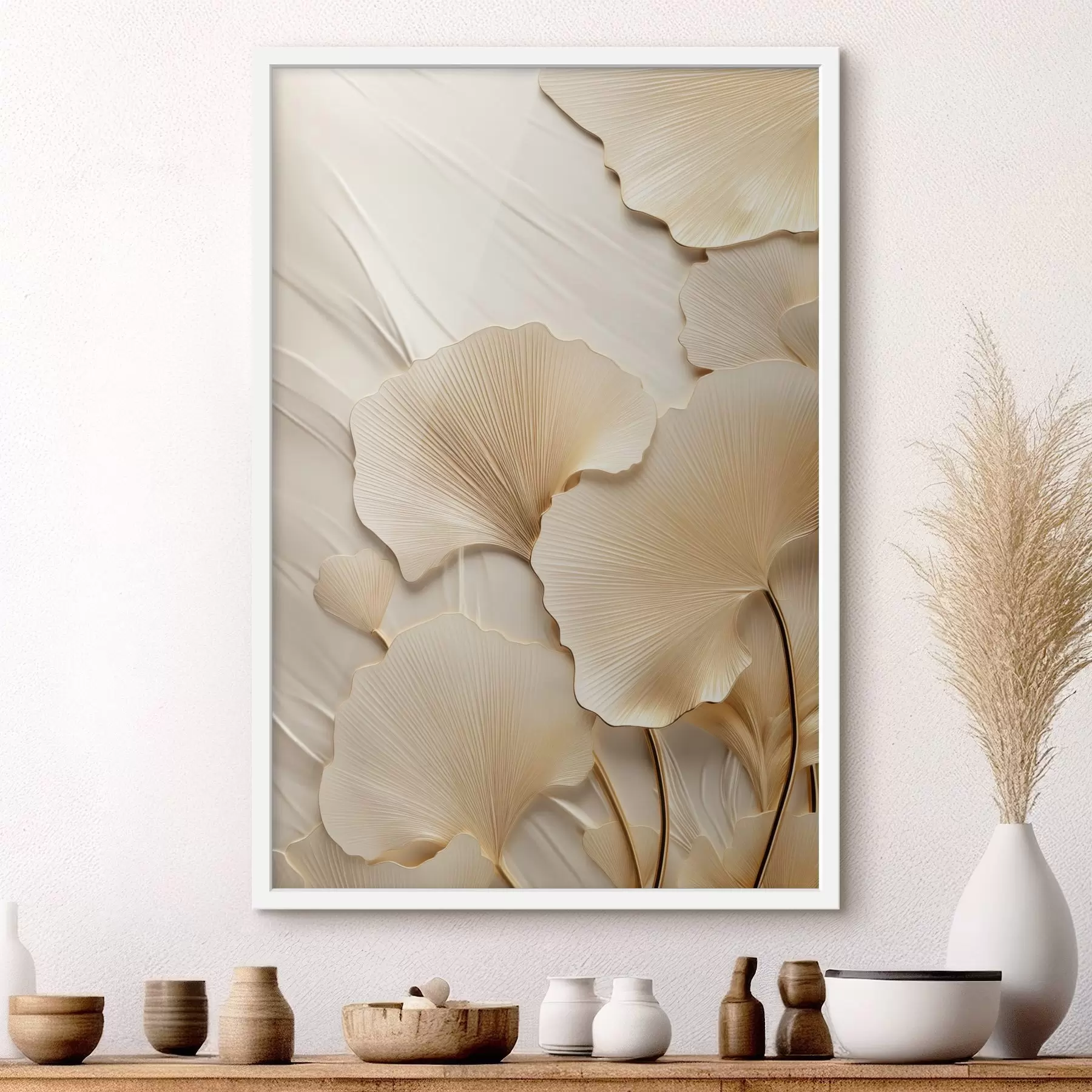 Fototapetes Ginkgo abstraktas lapas uz teksturēta, gaiša fona, eleganta un abstraktā kompozīcija f47867