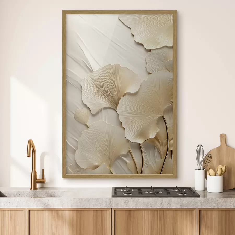 Fototapetes Ginkgo abstraktas lapas uz teksturēta, gaiša fona, eleganta un abstraktā kompozīcija f47867
