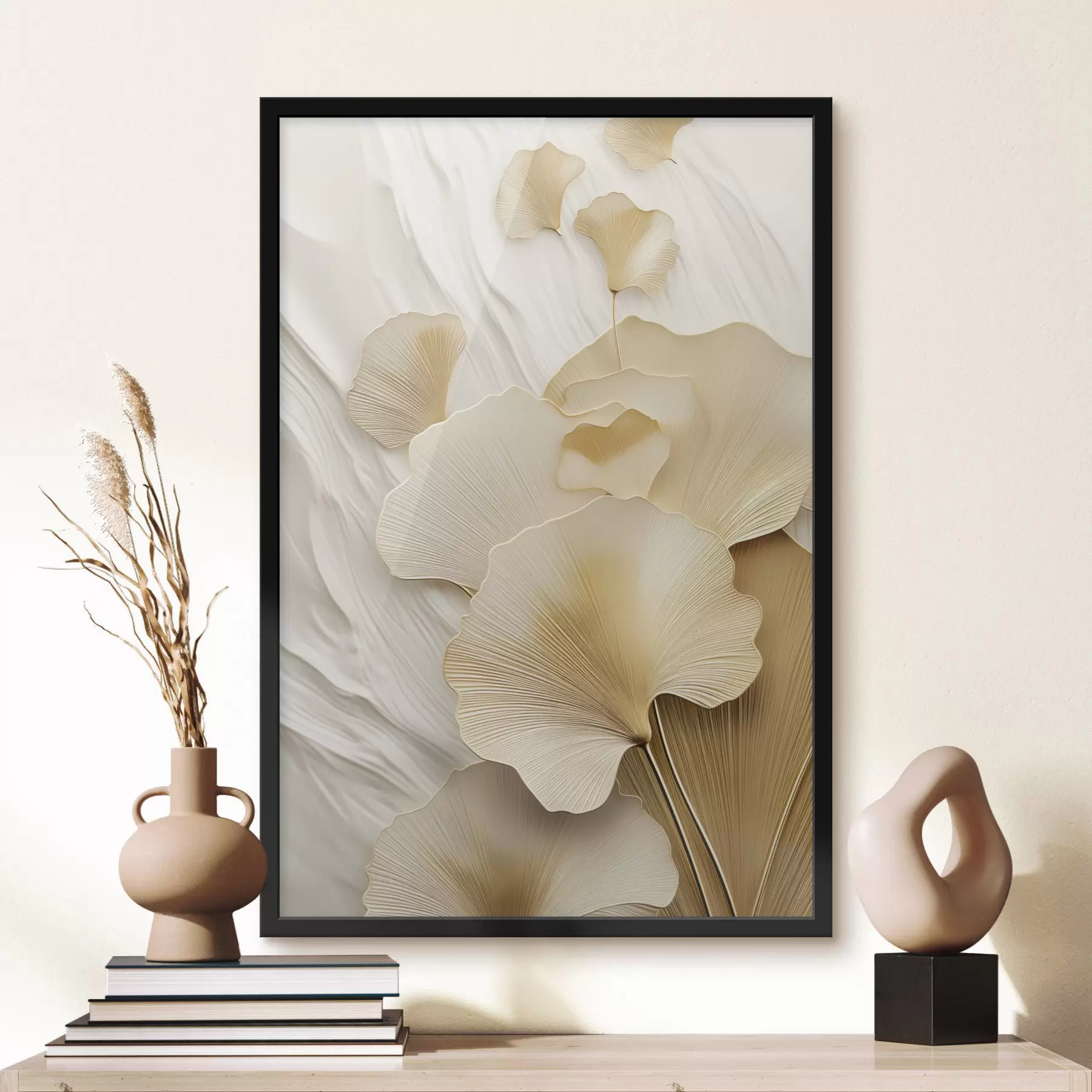 Fototapetes Ginkgo abstraktas lapas uz teksturēta, gaiša fona, eleganta un abstraktā kompozīcija f47868