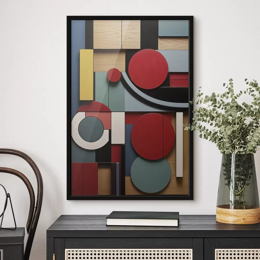 Fototapetes Abstrakta ģeometriska kompozīcija ar koka tekstūras imitāciju, sarkaniem, melniem, baltiem un zili zaļiem taisnstūriem un apļiem f47876