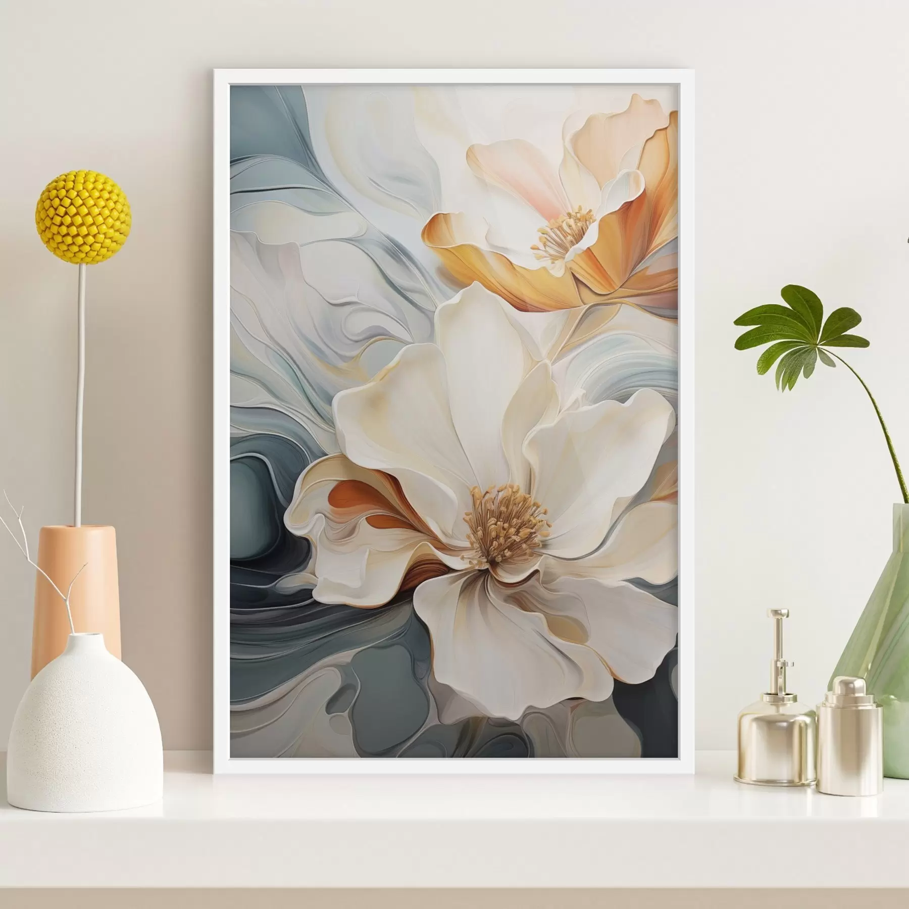 Fototapetes Abstrakts liels zieds ar baltiem, oranžiem un zaļgani zilganiem ziedlapiem, faktūru fonu f47878