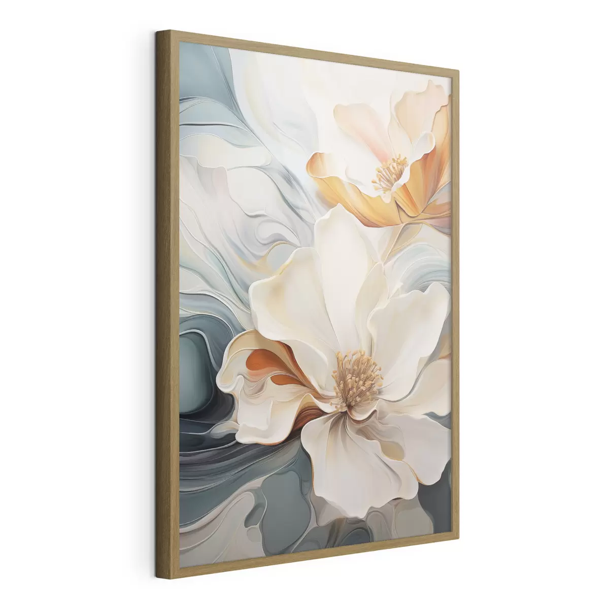 Plakāts Abstrakts liels zieds ar baltiem, oranžiem un zaļgani zilganiem ziedlapiem, faktūru fonu f47878