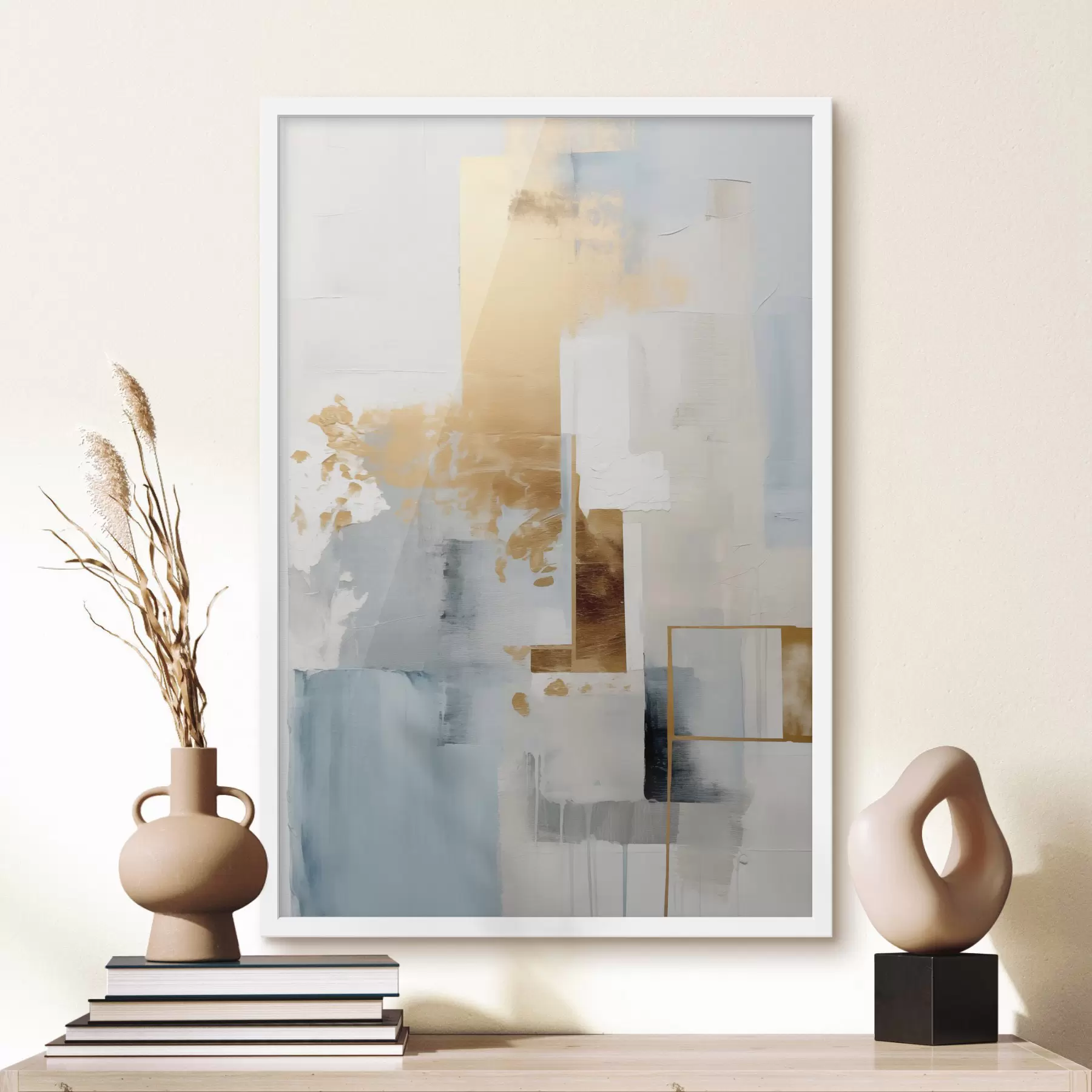 Fototapetes Abstraktas ģeometriskas formas ar dzeltenām, zilām un baltām krāsām, faktūru un minimālistisku kompozīciju f47881