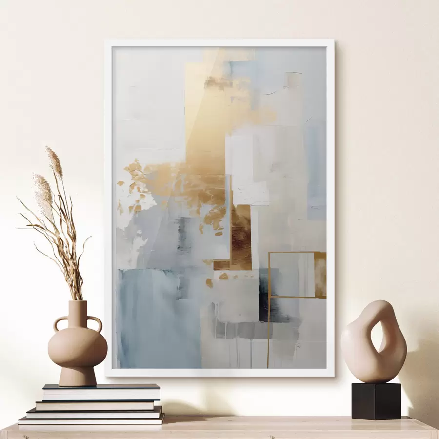 Fototapetes Abstraktas ģeometriskas formas ar dzeltenām, zilām un baltām krāsām, faktūru un minimālistisku kompozīciju f47881