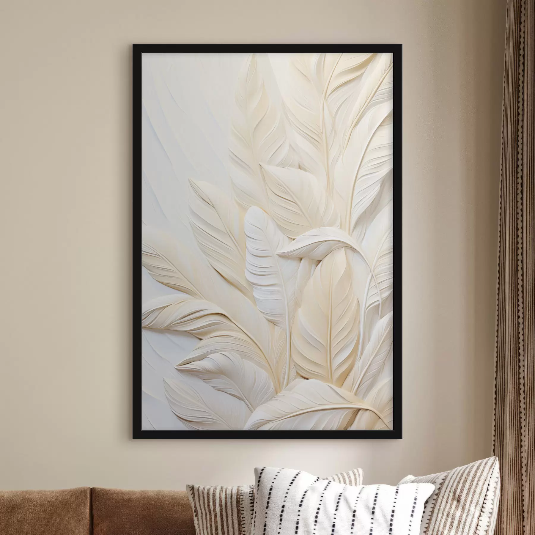 Fototapetes Krēmkrāsas spalvas, kas pārklājas viena ar otru, ar maigu, gaišu fonu f47883