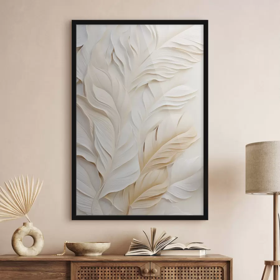 Fototapetes Krēmkrāsas spalvas, kas pārklājas viena ar otru, ar maigu, gaišu fonu f47884