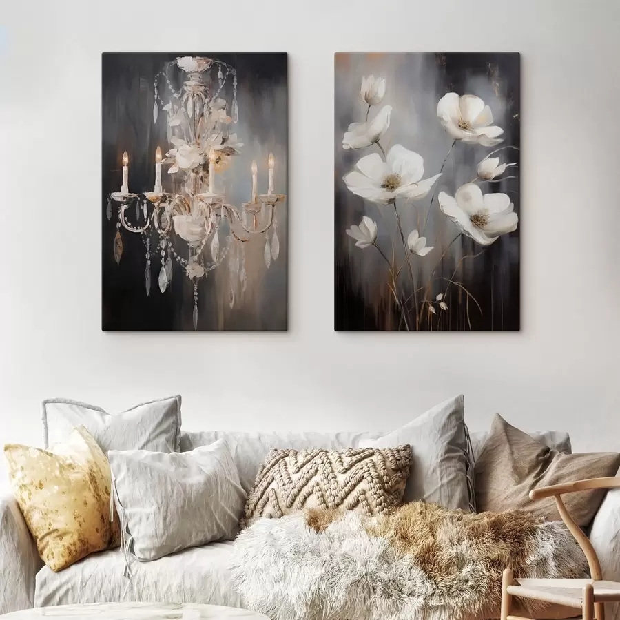 Glezna Abstrakts, grezns lustra ar iedegtiem svečiem un ziedu motīviem uz tumša, faktūru fona m30049