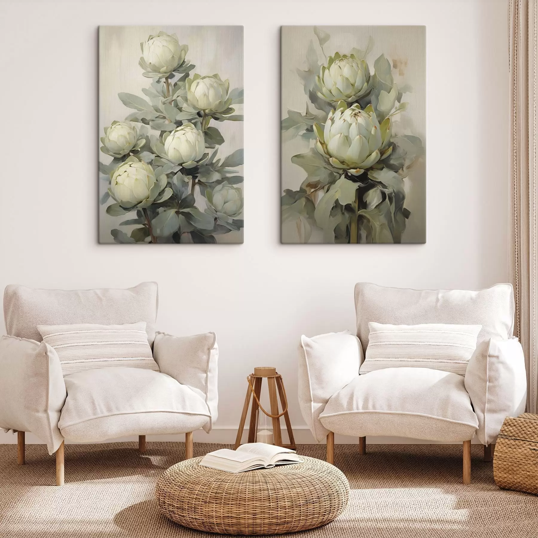 Glezna Vairāku balto proteju ziedu ar lielām zaļām lapām gleznošanas stils uz gaiša fona m30051