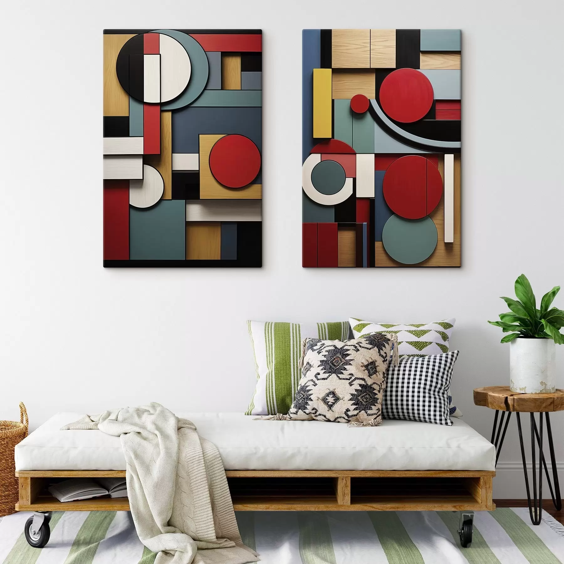 Glezna Abstrakta ģeometriska kompozīcija ar koka tekstūras imitāciju, sarkaniem, melniem, baltiem un zili zaļiem taisnstūriem un apļiem m30058