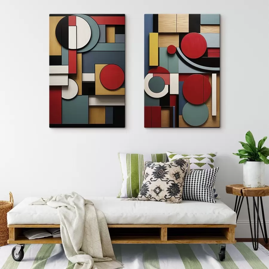 Glezna Abstrakta ģeometriska kompozīcija ar koka tekstūras imitāciju, sarkaniem, melniem, baltiem un zili zaļiem taisnstūriem un apļiem m30058