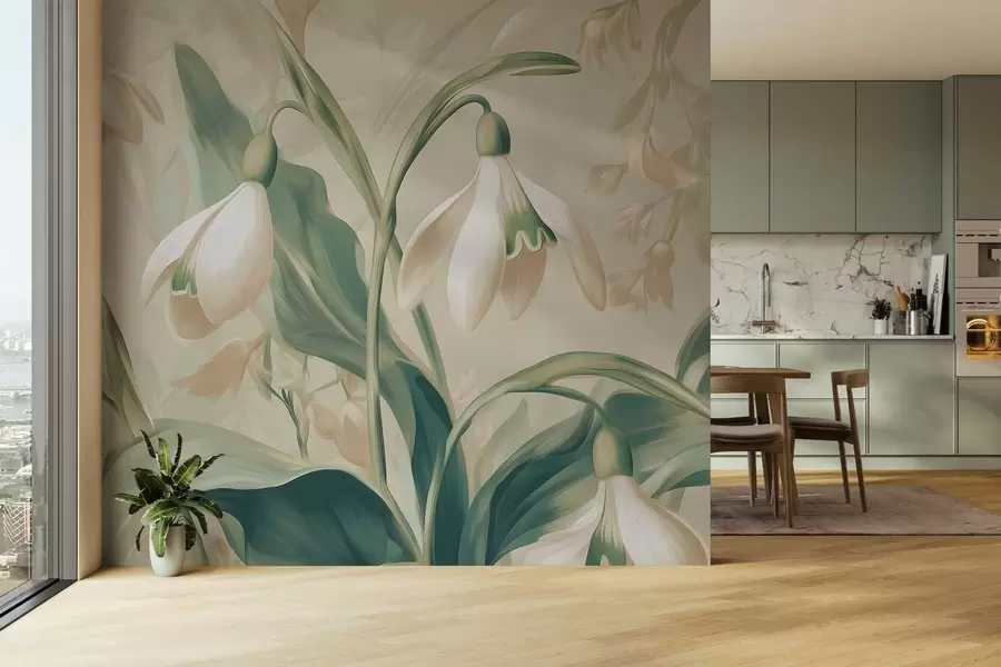 Fototapetes ziedošas sniegpulkstenītes uz smilškrāsas fona w05234