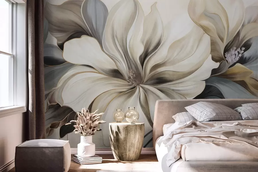Fototapetes Lieli, krēmkrāsas magnolijas ziedi ar brūniem un pelēkiem lapām, maigs apgaismojums, abstrakts fons w09749