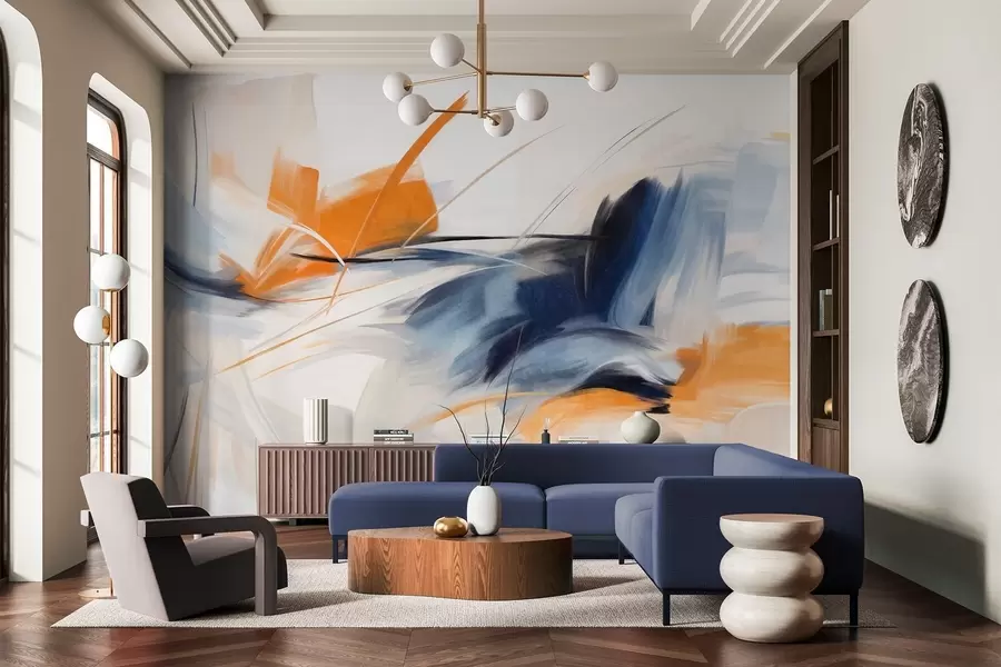 Fototapetes Abstrakts glezniecības stils ar oranžiem un ziliem teksturētiem triepieniem w09755