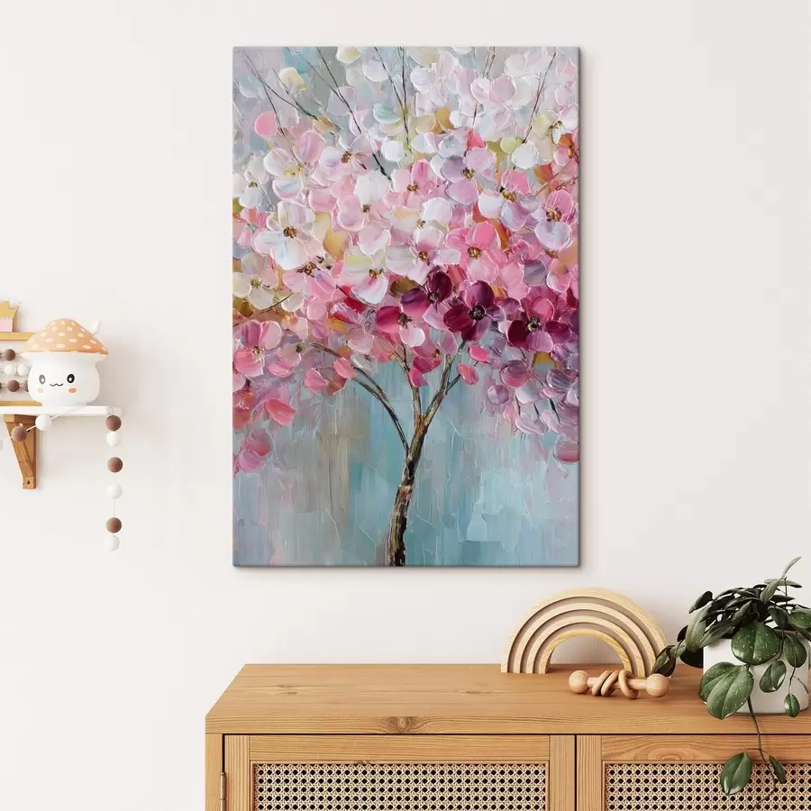 Glezna Maigi rozā ziedi pret skaidru debesi s47988