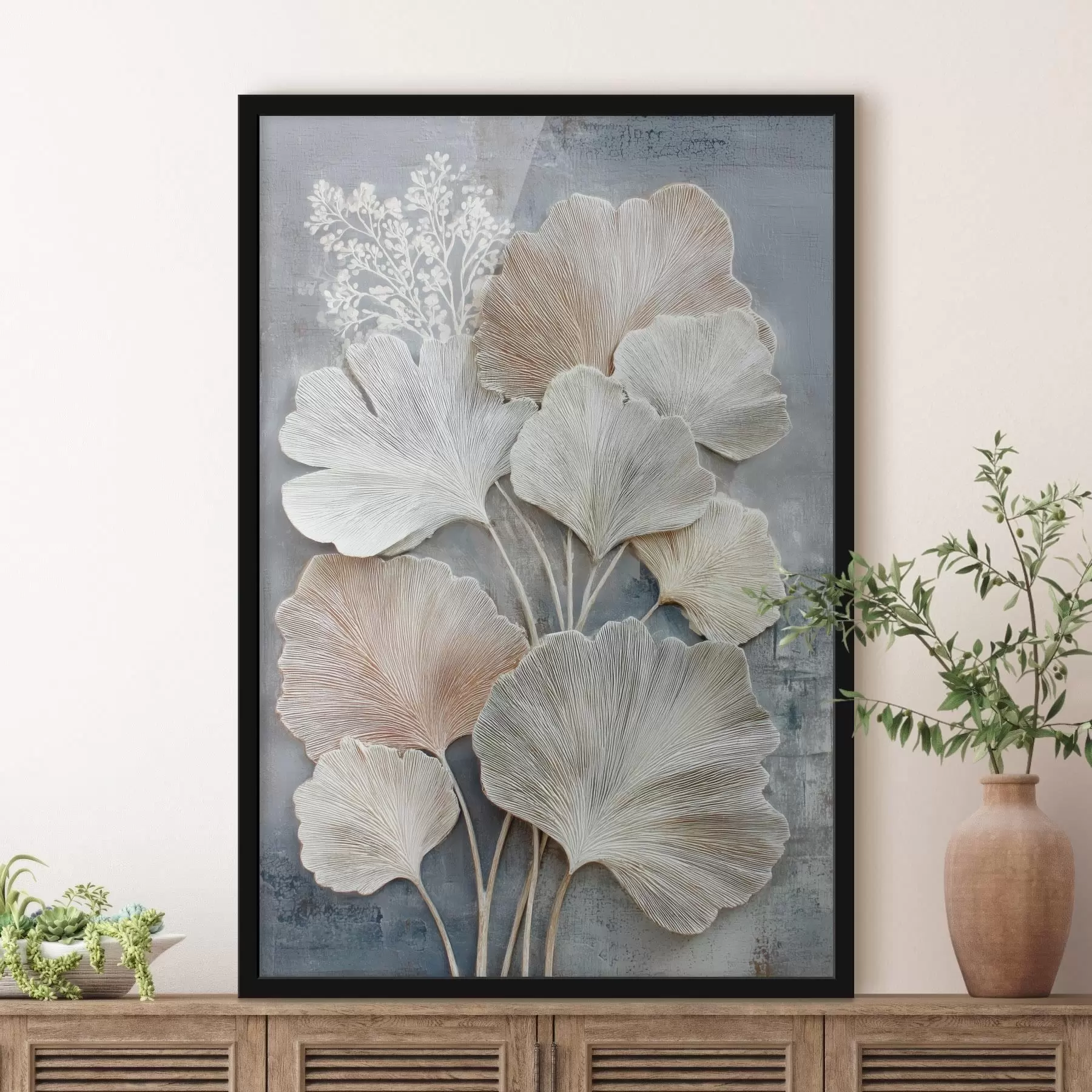 Fototapetes Abstrakta ziedu kompozīcija smilškrāsas un zilas krāsas toņos f47963