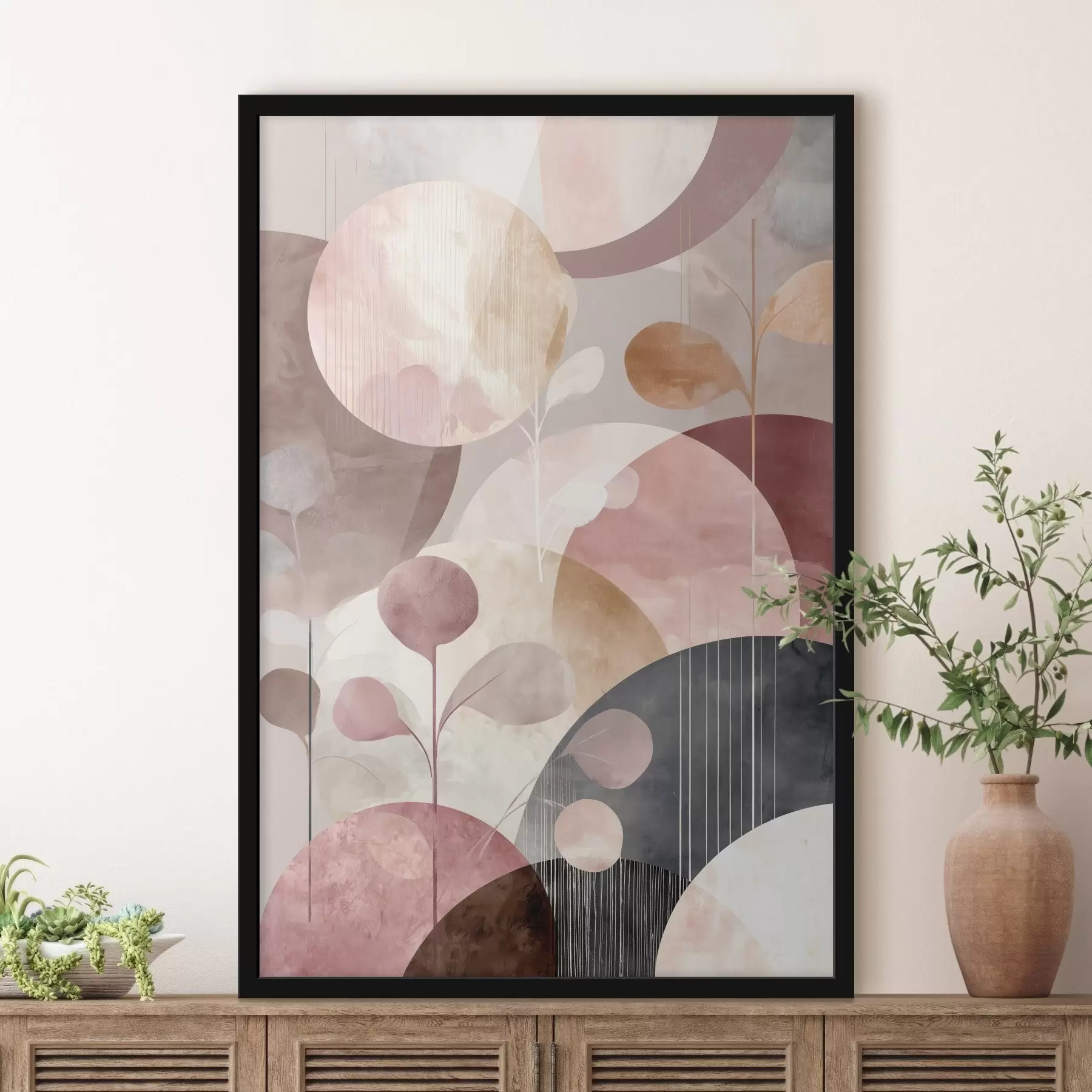 Fototapetes Caurspīdīgu apļu un stilizētu zaru kompozīcija f47978