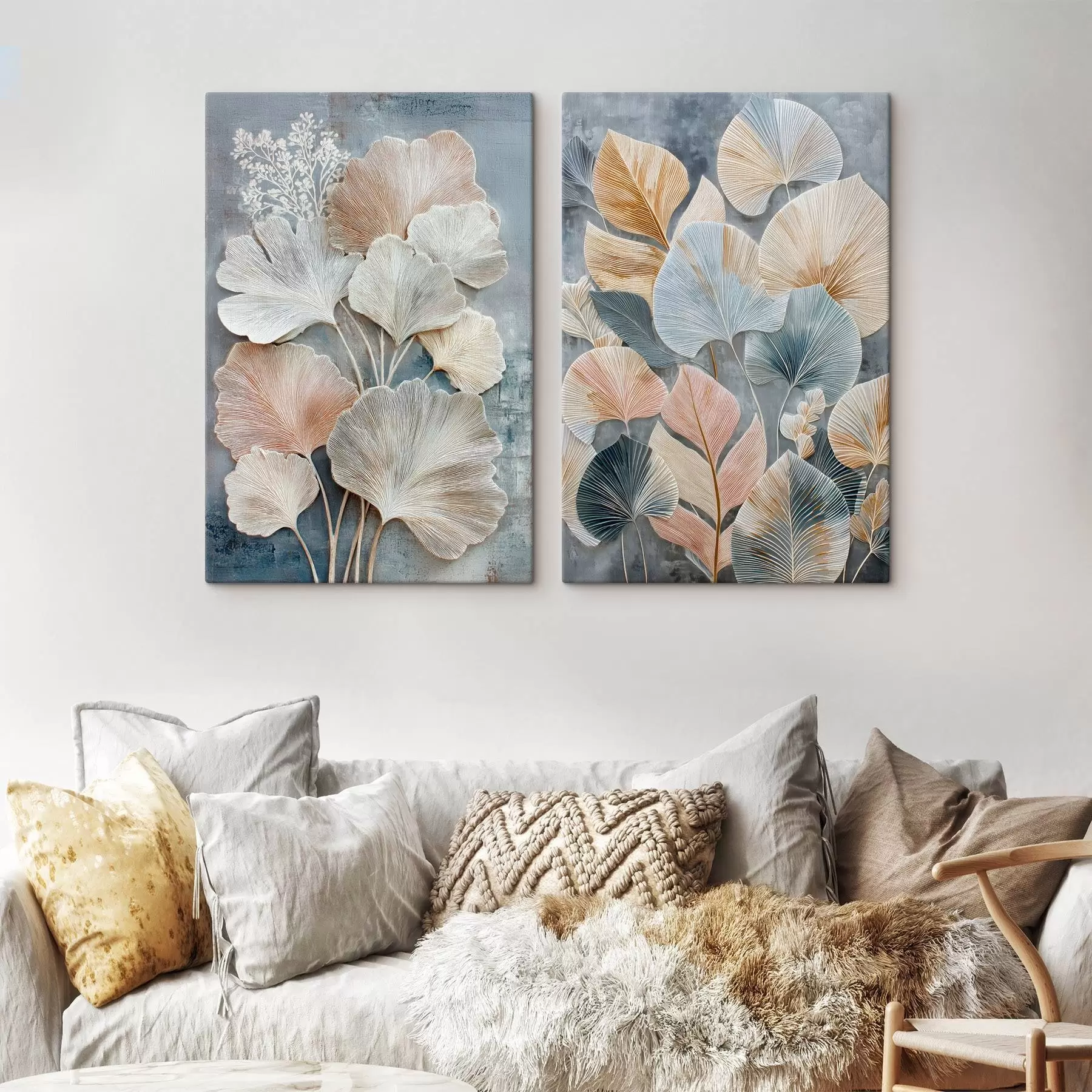 Glezna Abstrakta kompozīcija ar dekoratīviem lapām pelēkā-bēšā krāsu gamā m30030