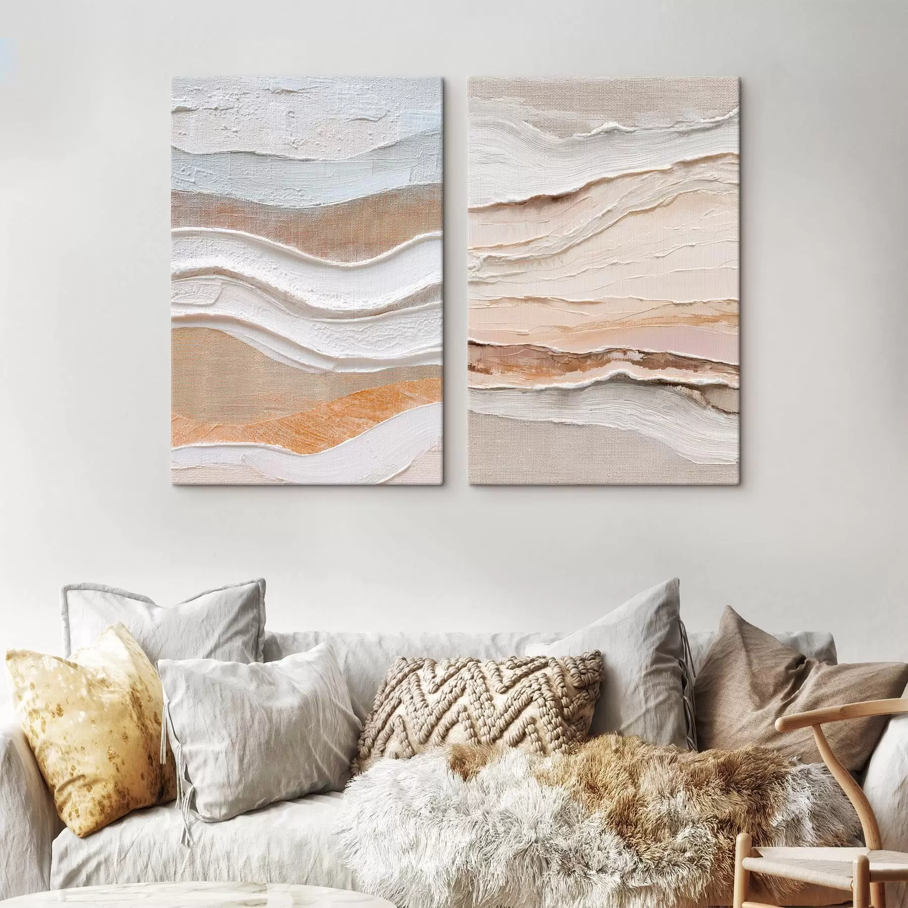 Glezna Minimālisma stila diptihs ar teksturētiem viļņiem uz lina fona m30031