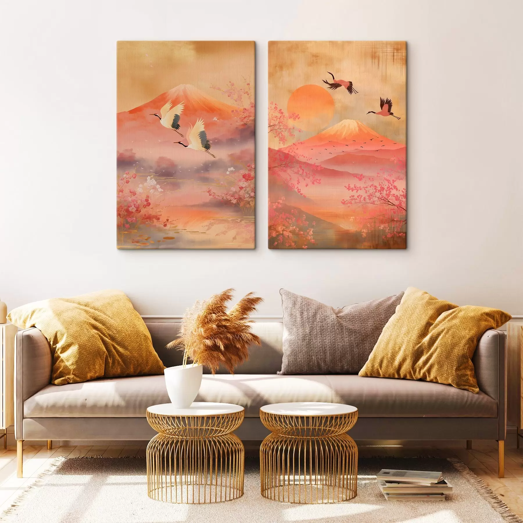 Glezna Japāņu ainava ar dzērvēm un Fudzi kalnu klasiskā ilustrācijas stilā m30042