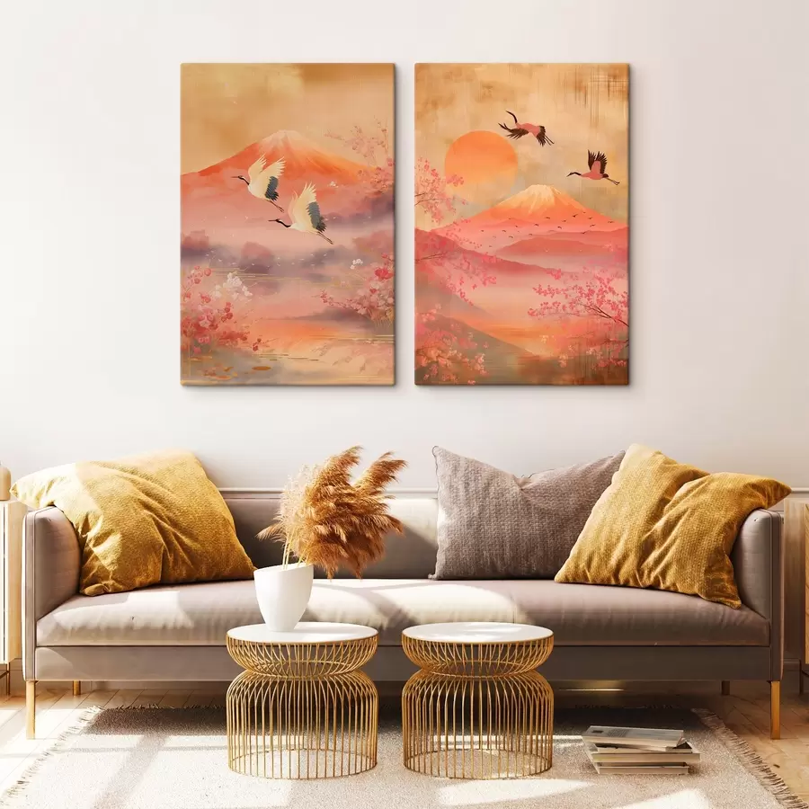 Fototapetes Japāņu ainava ar dzērvēm un Fudzi kalnu klasiskā ilustrācijas stilā m30042