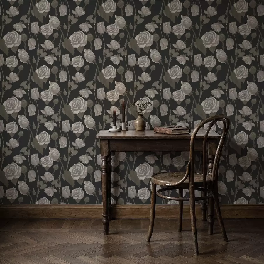 Fototapetes Ziedu raksts ar rozēm uz tumša fona a01123