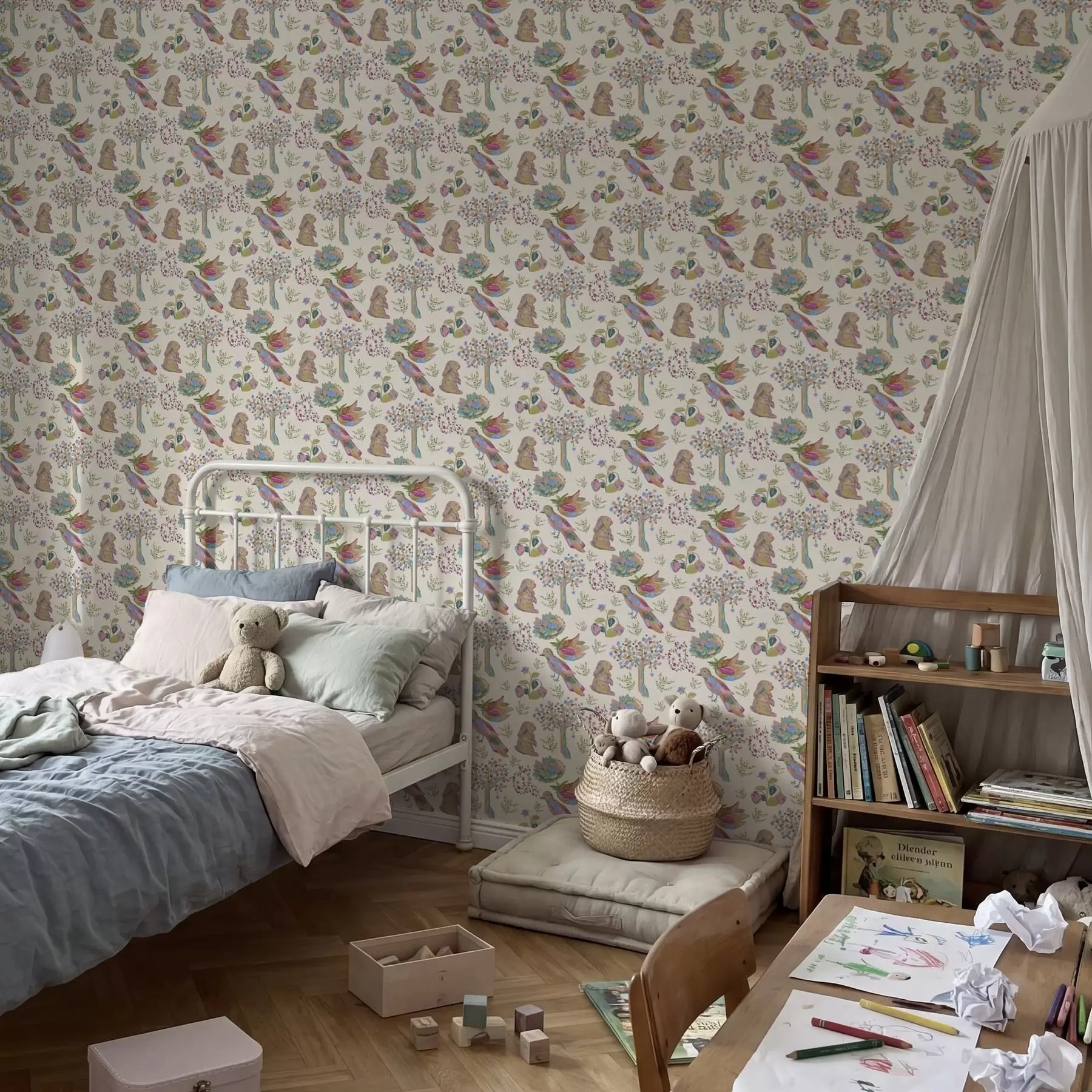 Fototapetes Krāsains bērnu raksts ar putniem un trušiem a01127