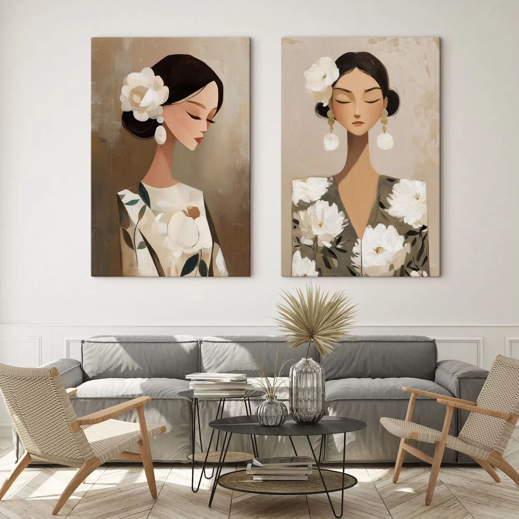 Glezna Sievietes portrets ar baltu ziedu matos m30164