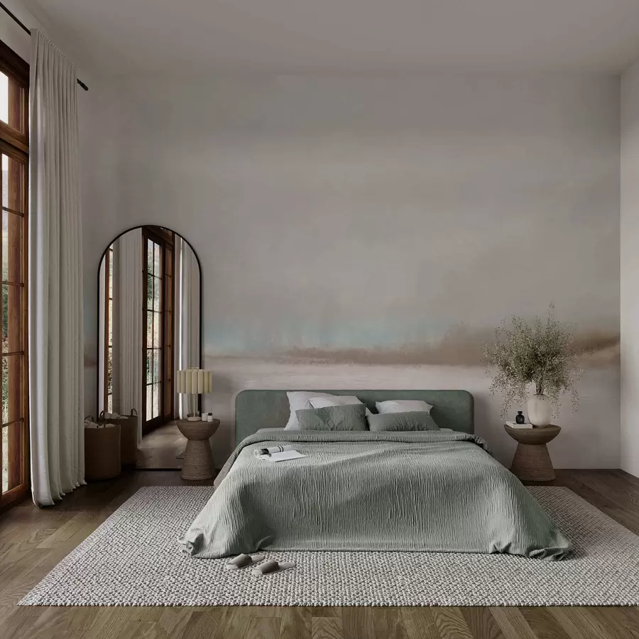 Fototapetes Miglas apklāts ainava ar ezeru un mežu w05319