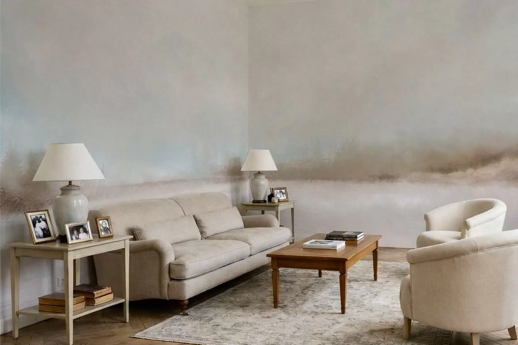 Fototapetes Miglas apklāts ainava ar ezeru un mežu w05319