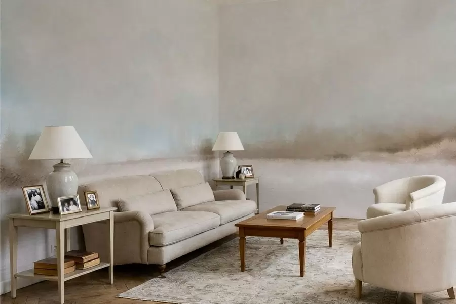 Fototapetes Miglas apklāts ainava ar ezeru un mežu w05319