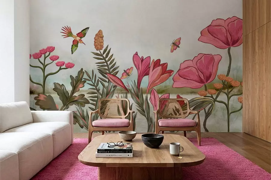 Fototapetes Spilgti ziedi ar putniem un tauriņiem w05321