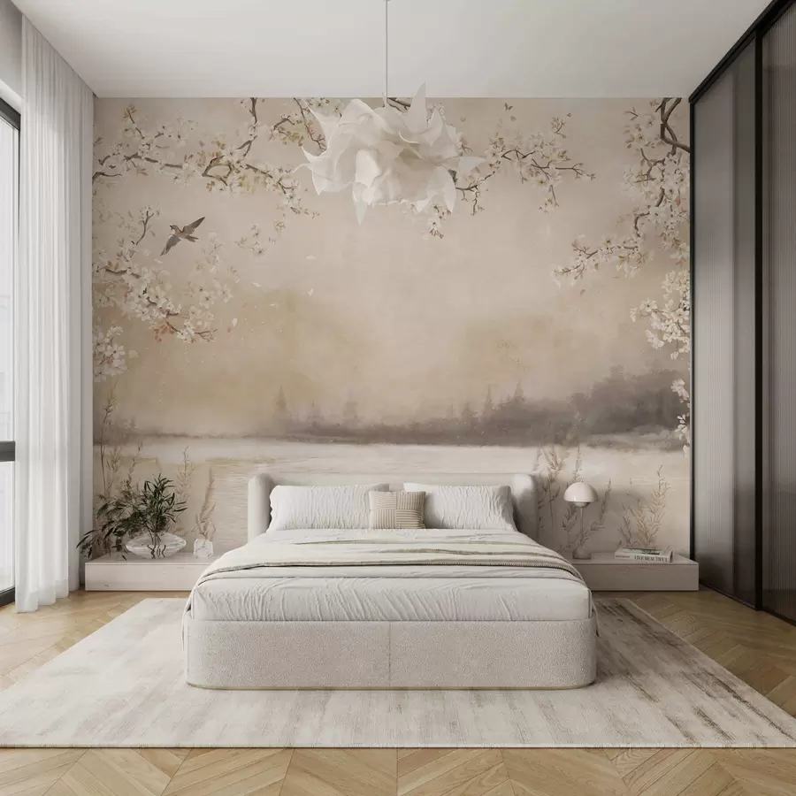 Fototapetes Maigi ziedošas zaras pie ezera ar putniem vieglas miglas apņemti w05155