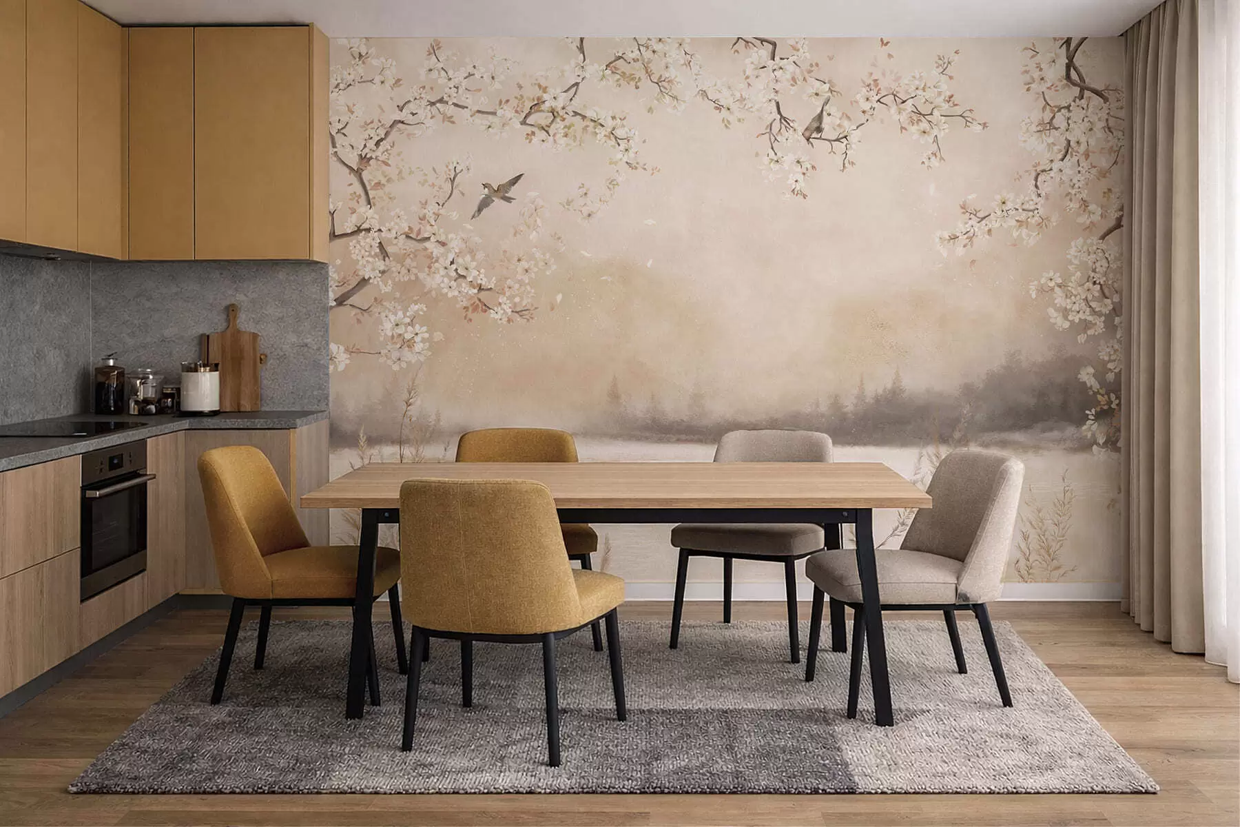 Fototapetes Maigi ziedošas zaras pie ezera ar putniem vieglas miglas apņemti w05155