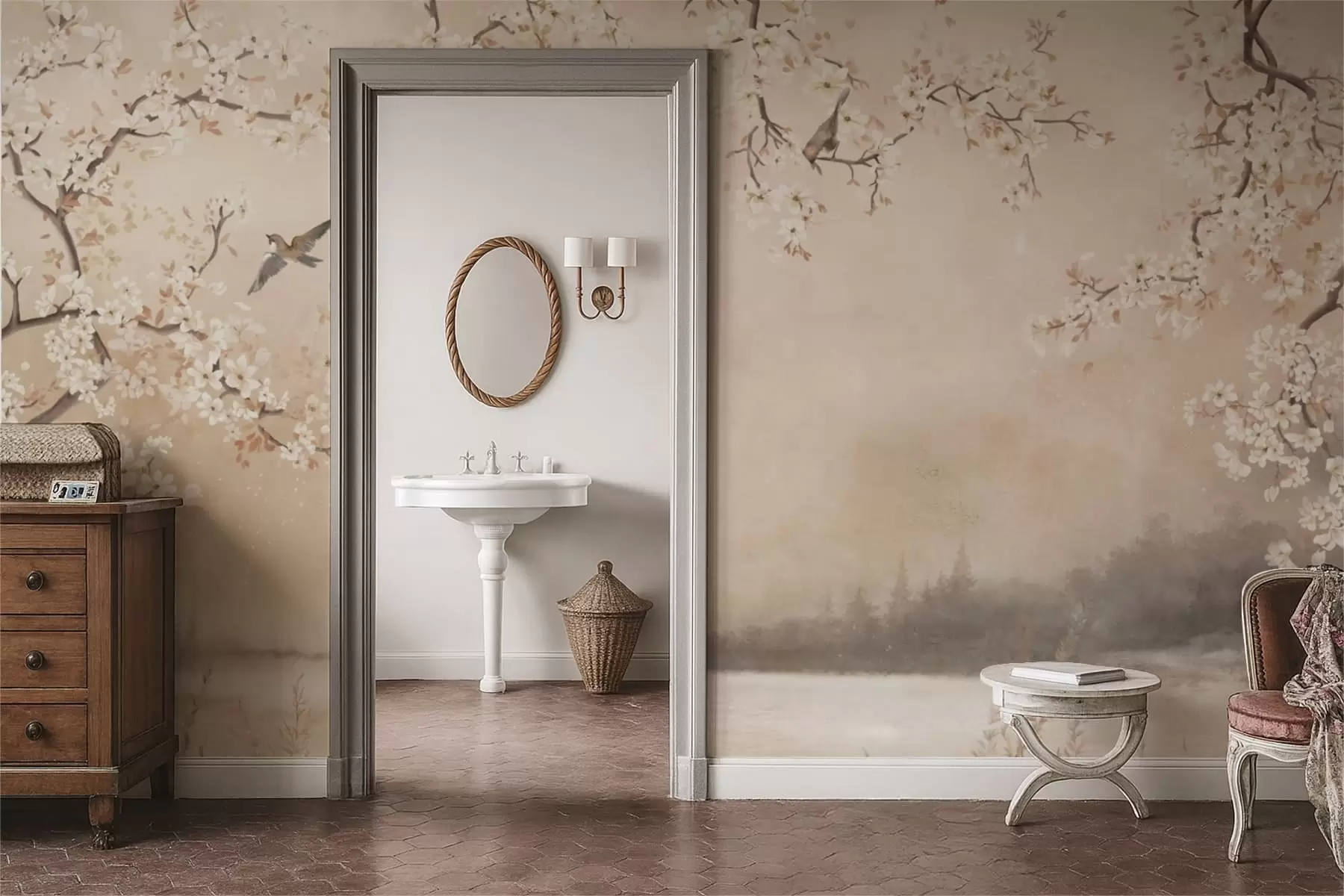 Fototapetes Maigi ziedošas zaras pie ezera ar putniem vieglas miglas apņemti w05155