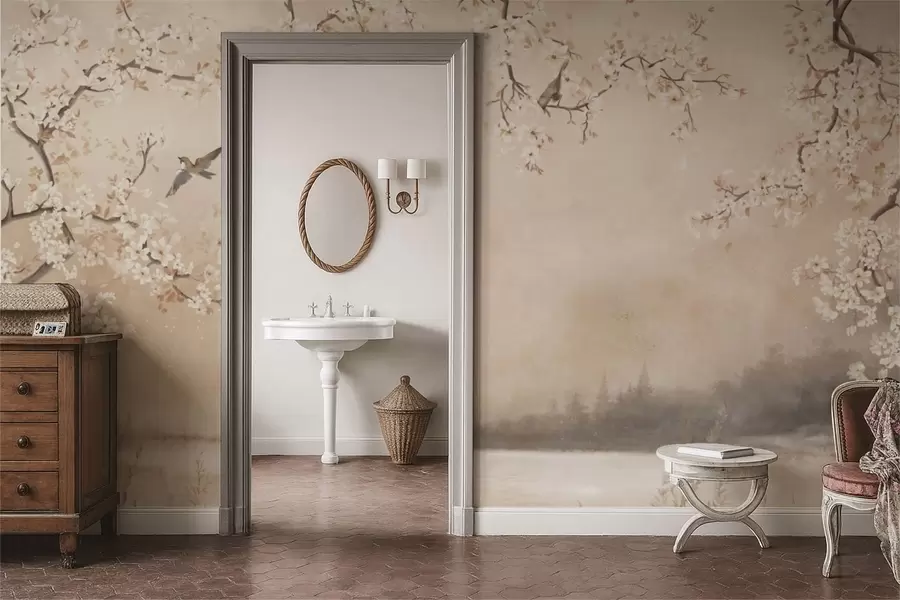 Fototapetes Maigi ziedošas zaras pie ezera ar putniem vieglas miglas apņemti w05155