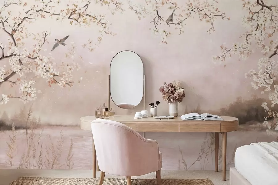 Fototapetes Ziedošas zaras virs rāmā ezera ar putniem miglā w05155v1