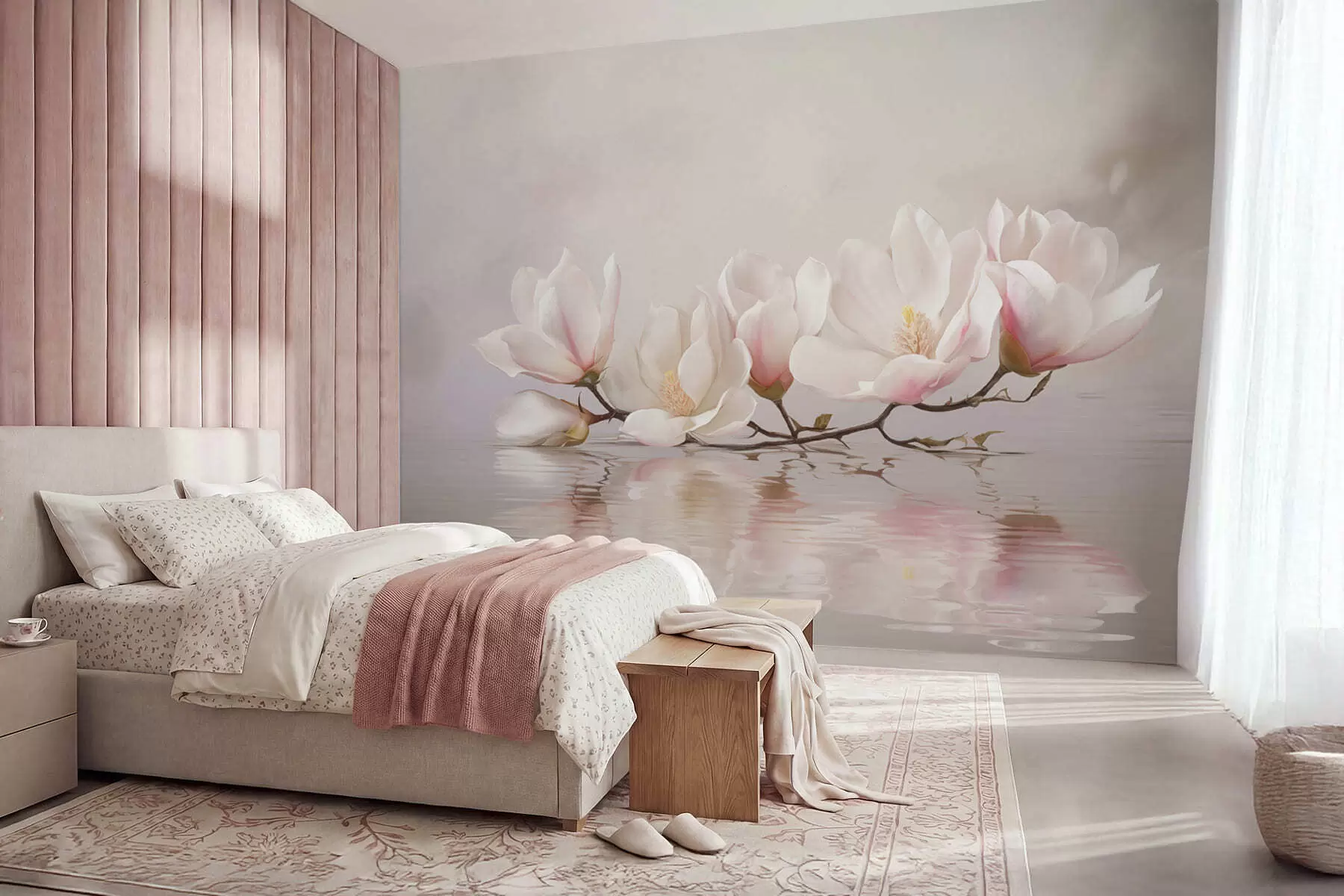 Fototapetes Magnolijas zars ar ziediem virs mierīga ūdens atspoguļojuma w05353v1