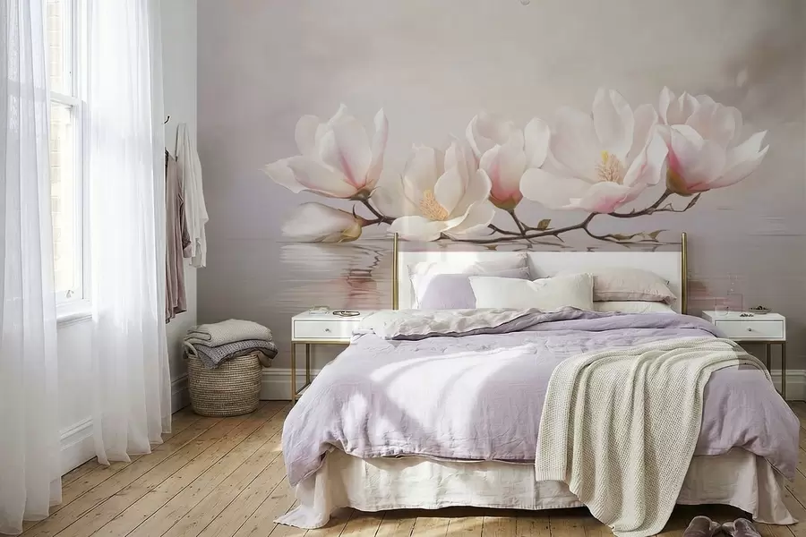 Fototapetes Magnolijas zars ar ziediem virs mierīga ūdens atspoguļojuma w05353v1