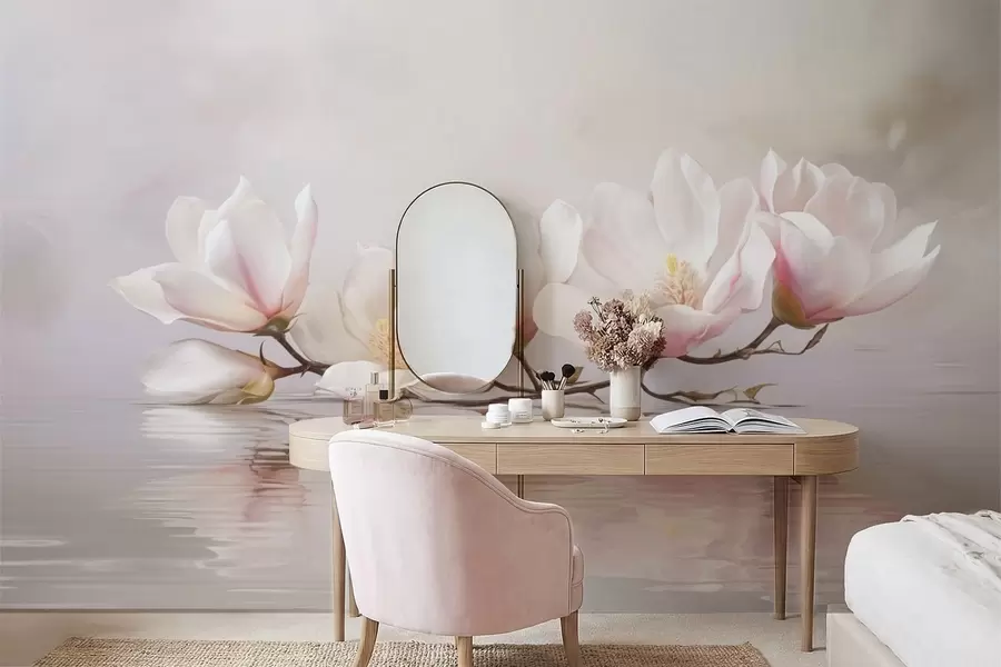 Fototapetes Magnolijas zars ar ziediem virs mierīga ūdens atspoguļojuma w05353v1