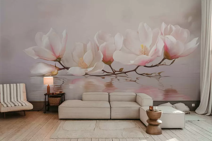 Fototapetes Magnolijas zars ar ziediem virs mierīga ūdens atspoguļojuma w05353v1