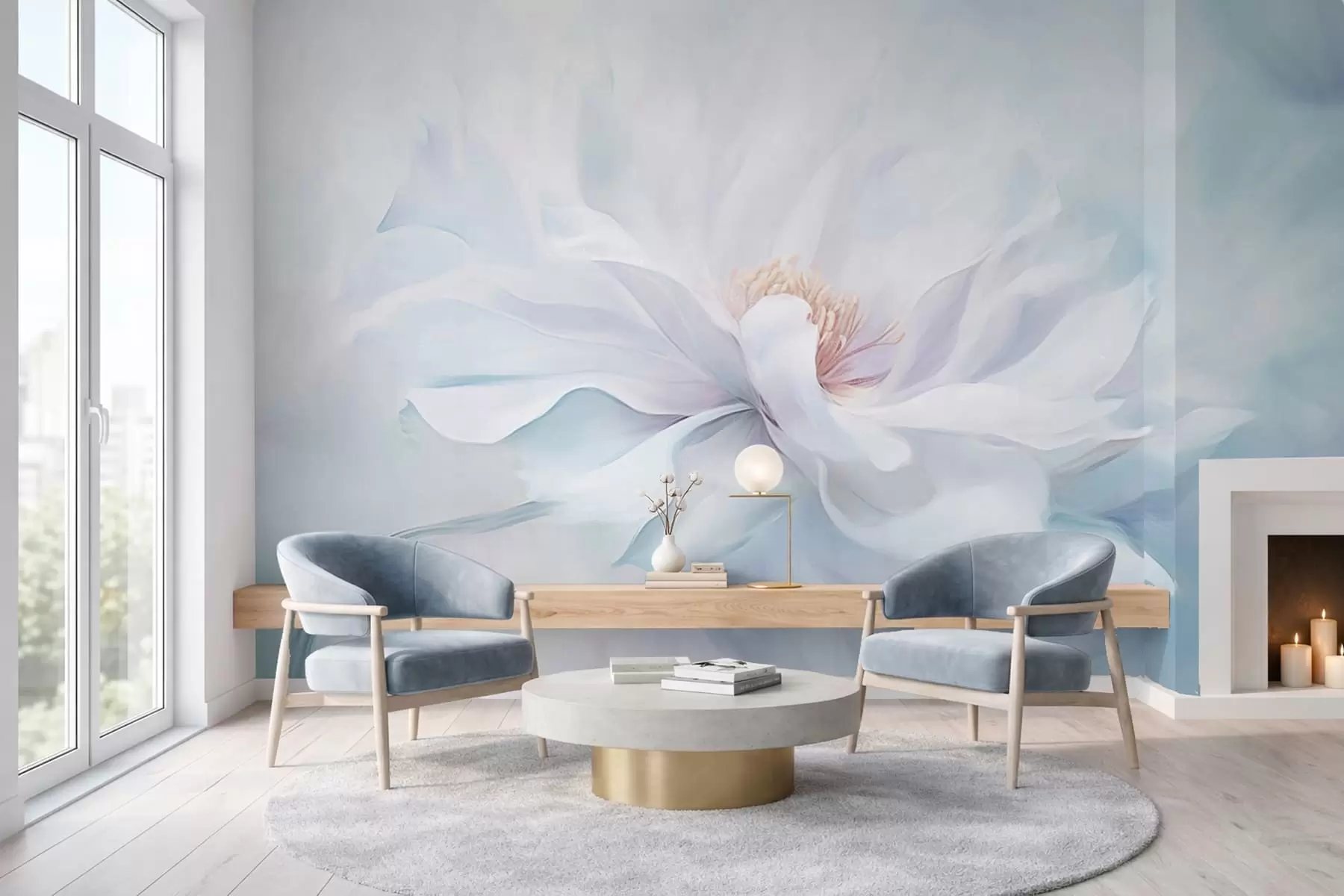 Fototapetes Mīksts balts zieds ar plūstošiem ziedlapiņām uz zila fona w05354