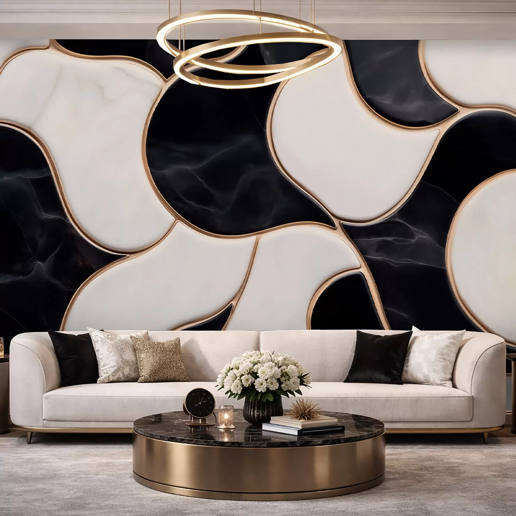 Fototapetes Abstrakta marmora kompozīcijas imitācija melnbaltajos toņos ar dzeltenām līnijām w09733