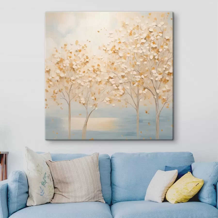 Glezna Teksturēts glezniecības stils, kurā attēloti koki ar baltām un dzeltenām lapām uz gaiši zila fona s48392