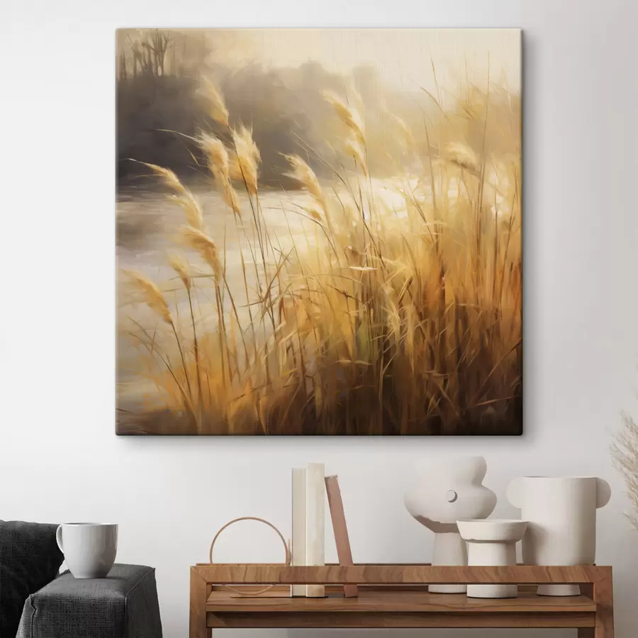 Glezna Priekšplānā augsta, sausa zāle ar vārpiņām, fonā – ezers un koki s48394