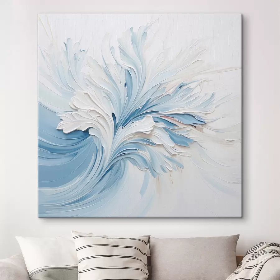 Glezna Balta un gaiši zila abstraktā ziedu kompozīcija ar faktūru ziedlapām un virpuļojošām līnijām s48395