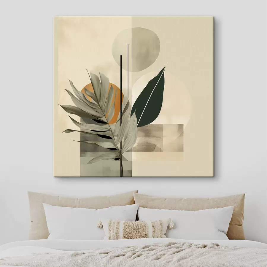 Glezna Tumši zaļš augs ar abstraktām ģeometriskām formām un akvareļtekstūrām smilškrāsā un zaļā tonī s48410