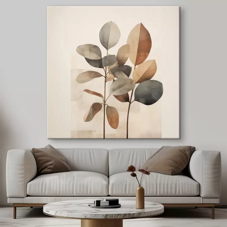 Glezna Augsti augi ar ovālām lapām klusinātos toņos un abstraktām taisnstūra formām s48413