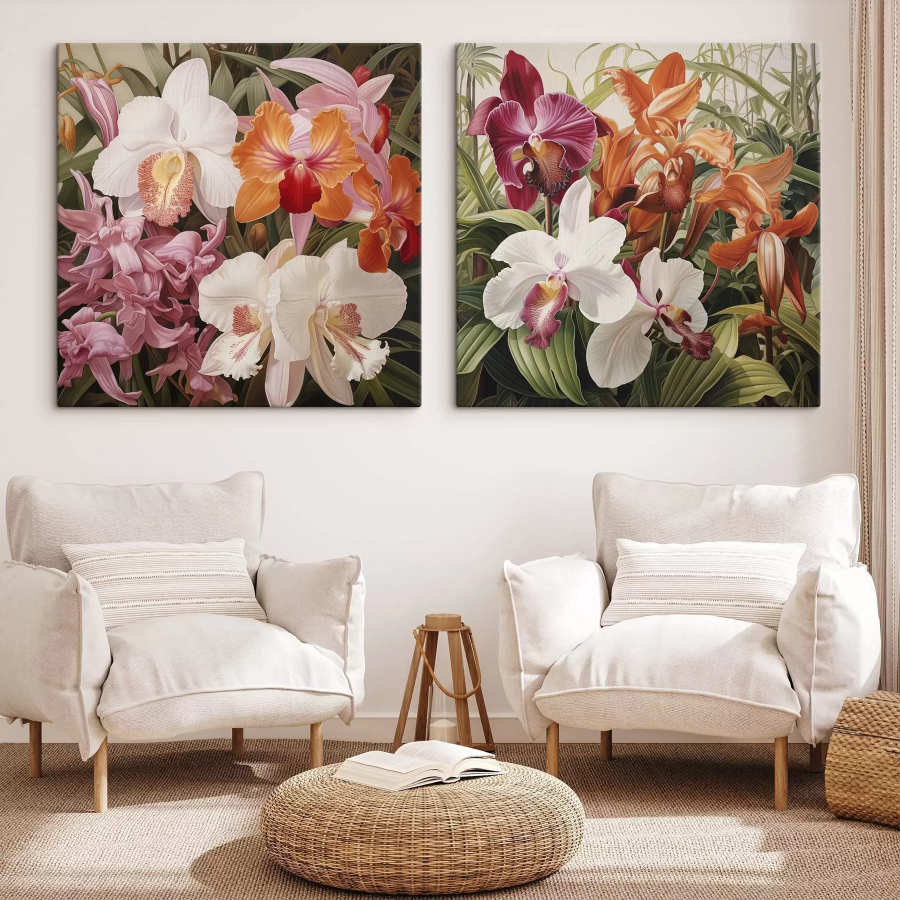 Glezna Tropisko ziedu pušķis, orhidejas ar zaļām lapām fonā m30197