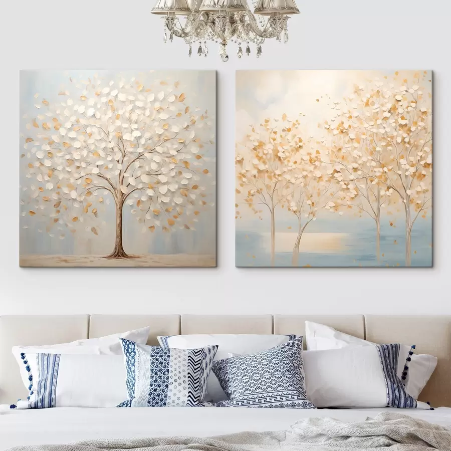 Glezna Teksturēts glezniecības stils, kurā attēloti koki ar baltām un dzeltenām lapām uz gaiši zila fona m30200