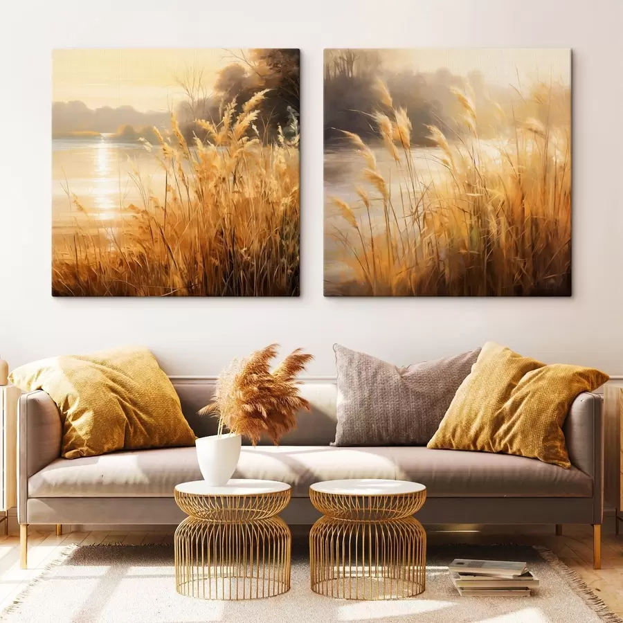 Glezna Priekšplānā augsta, sausa zāle ar vārpiņām, fonā – ezers un koki m30201